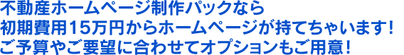 不動産ホームページ制作パックなら初期費用5万円からホームページが持てちゃいます！ご予算やご要望に合わせてオプションもご用意！