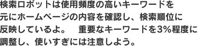 検索ロボットは使用頻度の高いキーワードを元にホームページの内容を確認し、検索順位に
反映しているよ。　重要なキーワードを3％程度に調整し、使いすぎには注意しよう。