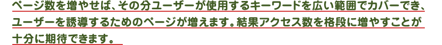 ページ数を増やせば、その分ユーザーが使用するキーワードを広い範囲でカバーでき、
ユーザーを誘導するためのページが増えます。結果アクセス数を格段に増やすことが十分に期待できます。